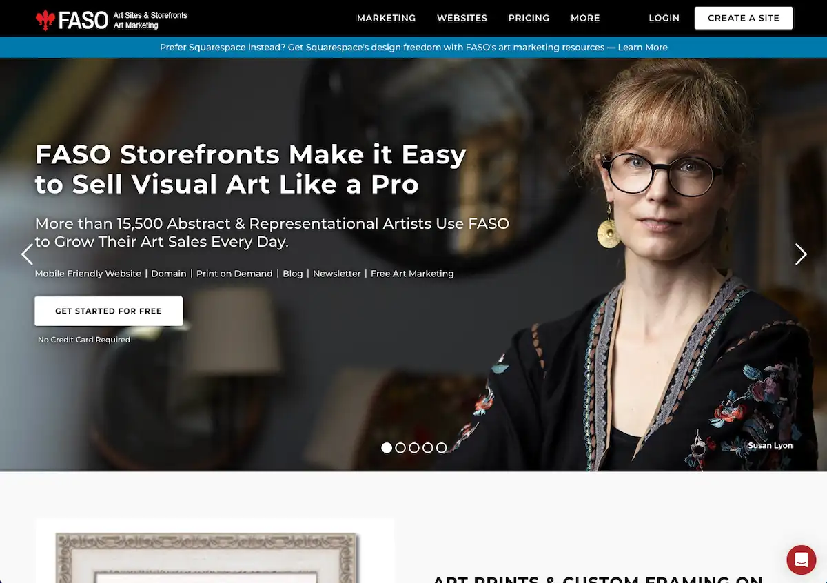 FASO homepage with the headline “FASO Storefronts Make it Easy to Sell Visual Art Like a Pro” and a Get Started for Free button.