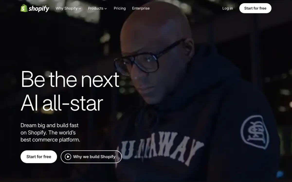 Shopify Australia homepage with the headline “Be the next AI all-star” and a Start for free button.