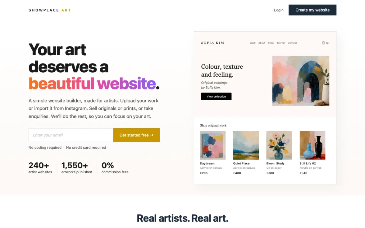 Showplace homepage with the headline about building an artist website, and a sign-up call to action.