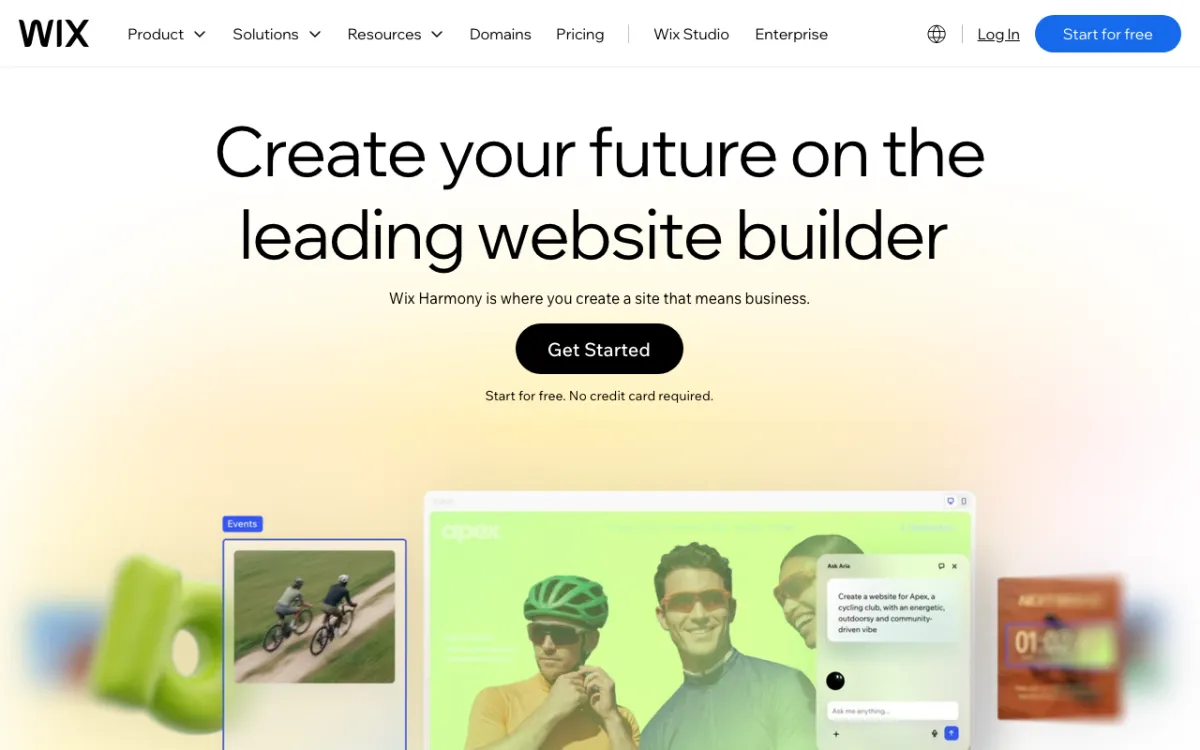 Wix homepage with the headline “Create your future on the leading website builder” and a Get Started button.